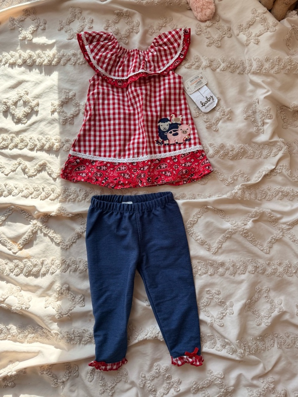 Red Gingham Ruffle Top with Navy Leggings Set